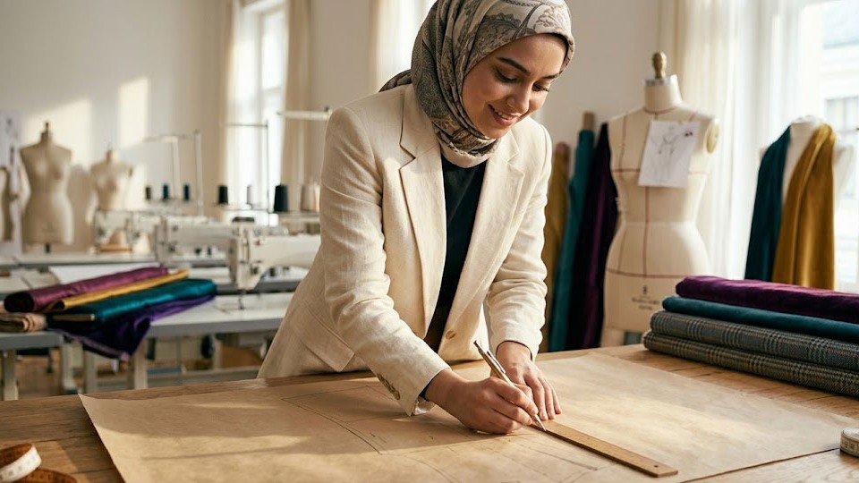 هنرجوی دوره نازک دوزی زنانه در حال رسم الگوی پایه بال