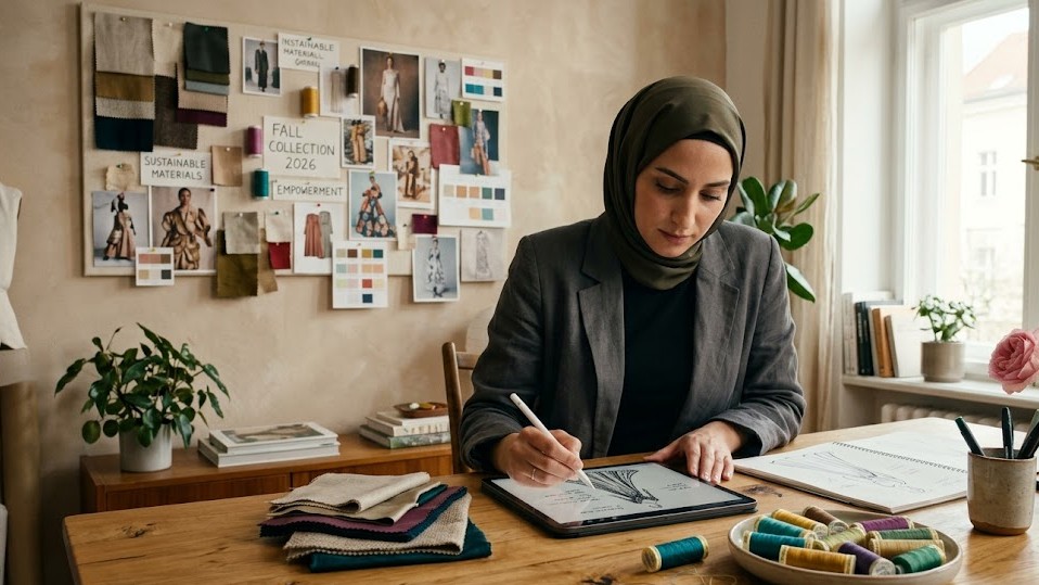 میز کار یک فشن دیزاینر موفق در حال طراحی لباس و مودبرد